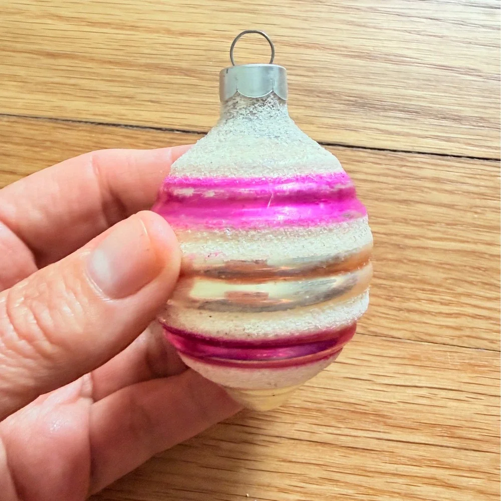 George Franke Pair Christmas Ornaments Beehive Pink Striped Mica USA MCM 1950's